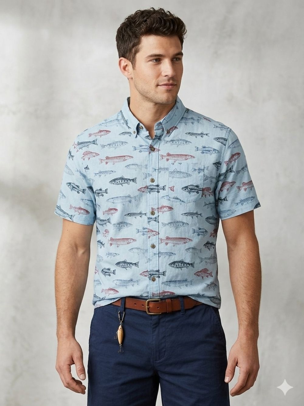 Eddie Bauer Men's 2XL Baja Fish Print Short Sleeve Button Down Shirt Blue Cotton